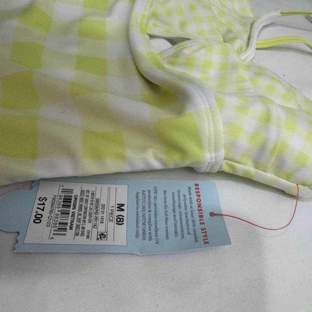 Girls Med Size 7-8 One Piece Light Green Plaid Swimsuit Twist Open Key Hole Top